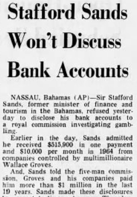 Stafford Sands Won’t Discuss Bank Accounts August 1967